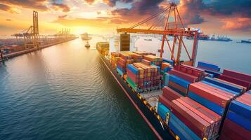 logistics-container-cargo-ship-transportation-with-working-crane-bridge-in-deep-sea-for-import-export-photo